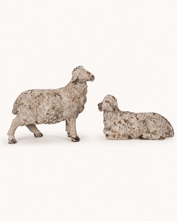 Distressed Ivory Lamb Sculptures, Set of 2 on a white background