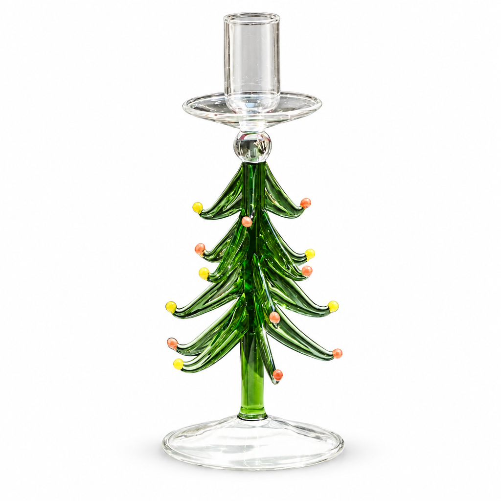 Evergreen Tree Glass Taper Holder on a clean background.
