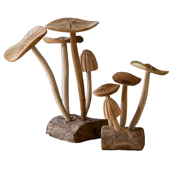Carved Teakwood Mushroom Sculptures, Set of 2 on a white background