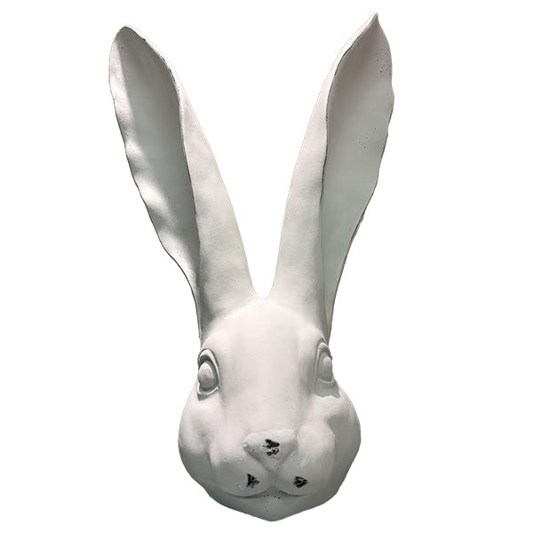 Distressed White Rabbit Head Sculpture on a white background